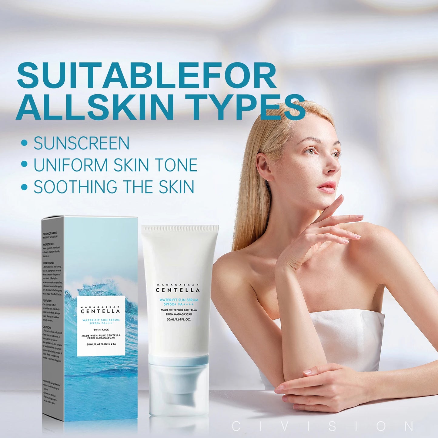 5PCS SPF50+ Sunscreen Cream Centella Strong UV Protection Water-Based Sunscreen Sun Body Facial Sunblock Moisturizing Skin Care