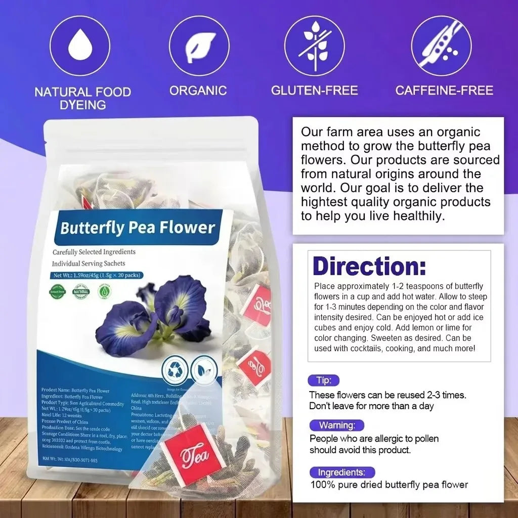 Pure Natural Butterfly Pea Flower Pyramid Tea Bags, Dried Blue Pea Flower, Help Relieve Eye Fatigue & Refresh Your Mind, 30 bags