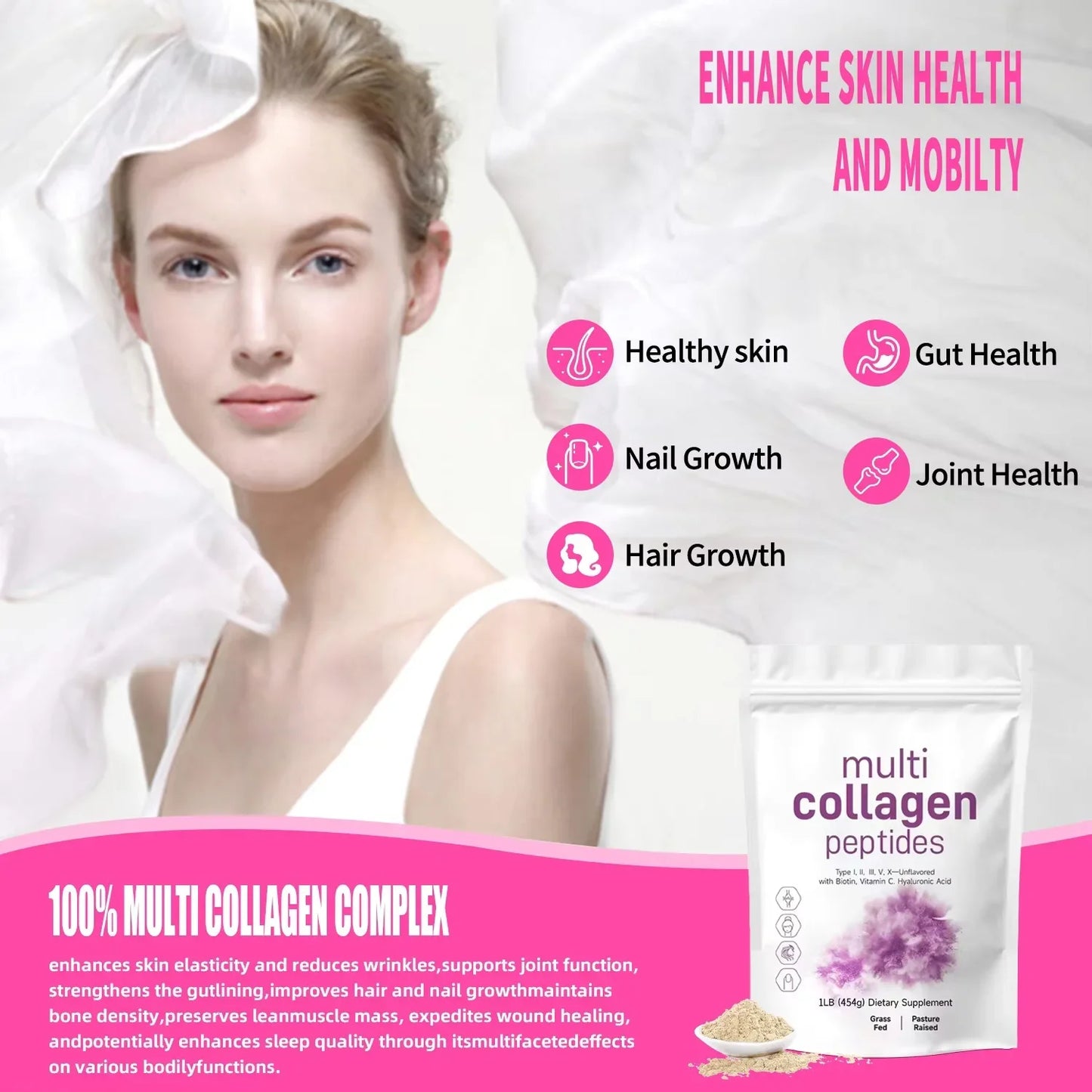 Hydrolyzed Collagen Peptides for Skin, Hair & Nails | Grass-Fed Beef & Chicken Bone Broth Collagen (Types I,II,III,V,X)